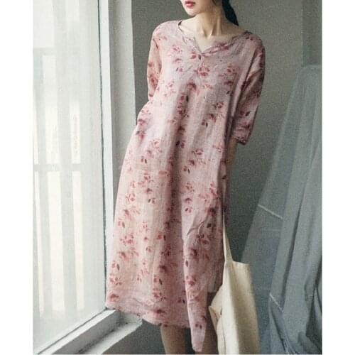 Ramie V-neck Half Sleeve Printed Robe Vintage Dress Dresses For Women 2021 Summer Dress Sundress