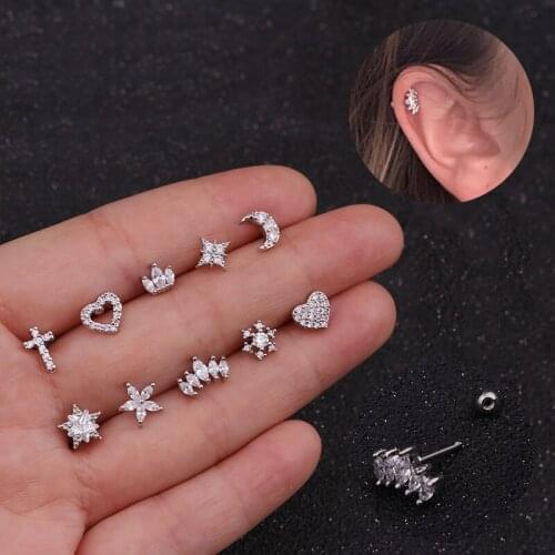 1 PCS Trendy Cute Small Micro Pave CZ Heart Moon Ear Stud Cuff Earrings Silver Color Screw Back Stainless Steel Bar Ball Earring