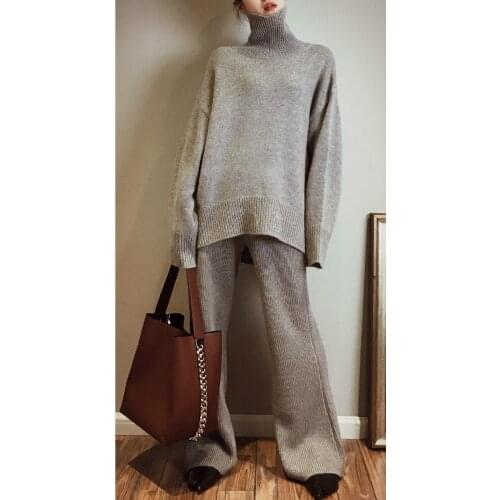 2020 Full Limited Real Custom Cashmere Knit 2 Sets High-neck Sweater Wide-leg Pants Suit Loose Lazy Thick Two-piece Female