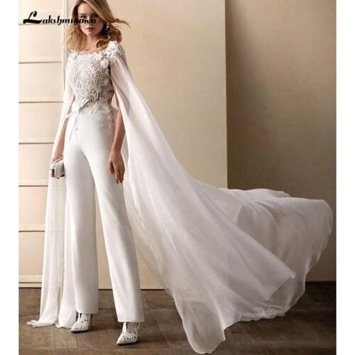 2020 Wedding Dress Jumpsuits With Wrap Floral Appliqued Short Sleeves Bridal Gowns Open Back Sash Abiti Da Sposa