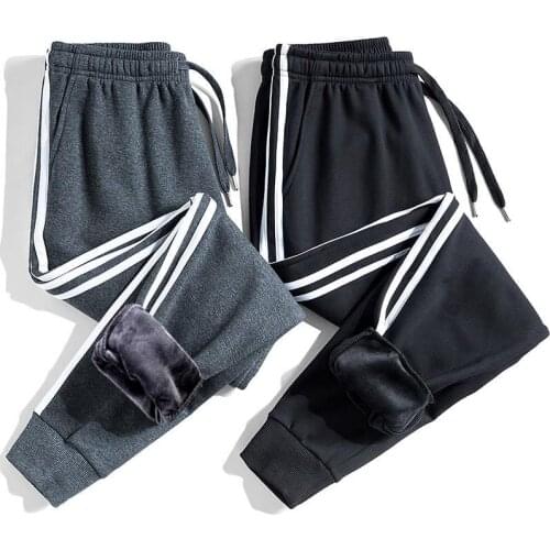 2020 Thick Fleece Jogger Mens Pants Cotton Trousers Male Winter Warm Velvet Sweatpants Tracksuit Side Striped Joggers S-5XL
