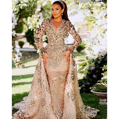 2021 Arabic Aso Ebi Gold Sparkly Luxurious Prom Dresses Beaded Crystals Sheer Neck Evening Formal Party Second Reception Gowns