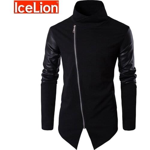 Icelion 2021 Fashion Mens Hoodies Sweatshirts Cotton Pullover Zipper Fashion Streetwear Leather Patchwork Hip Hop Hoodies