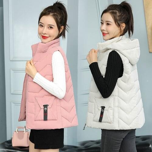2021 Solid Color Zipper Down Cotton Vest Women Short Wild Casual Fashion Korean Thick Slim-Fit Hooded Warm Vest Waistcoat Pink