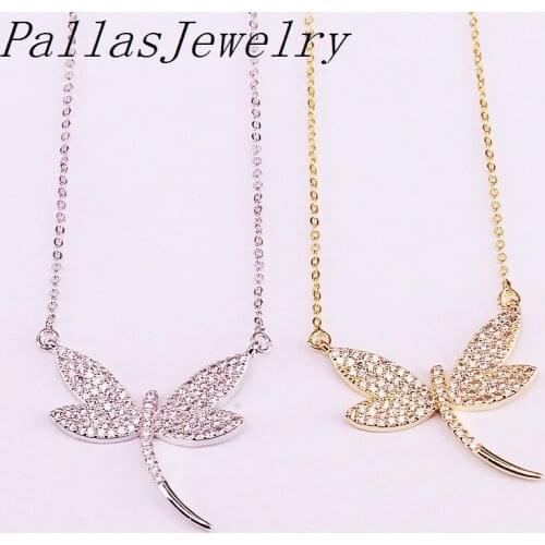 8Pcs Fashion Gold/Silver color CZ Micro Pave Dragonfly Pendant Zirconia Jewelry Charm Necklaces
