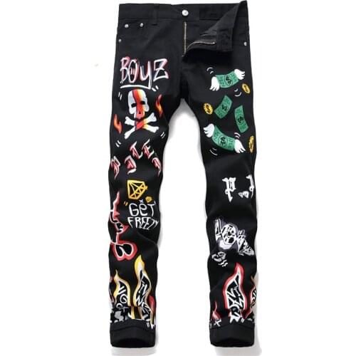 High Street Fashion Mens Jeans Night Club Black White Color Personal Designer Printed Jeans Men Punk Pants Skinny Hip Hop Jeans