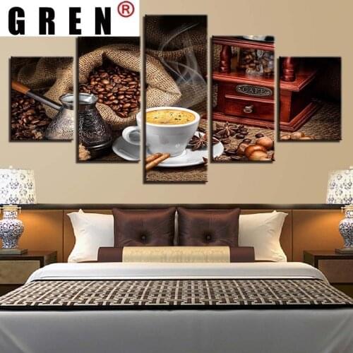 GREN 5 Panels Coffee Beans Foods Modern Wall Art Painting Poster Living Room Modern HD Printed Canvas Pictures Home Decoration