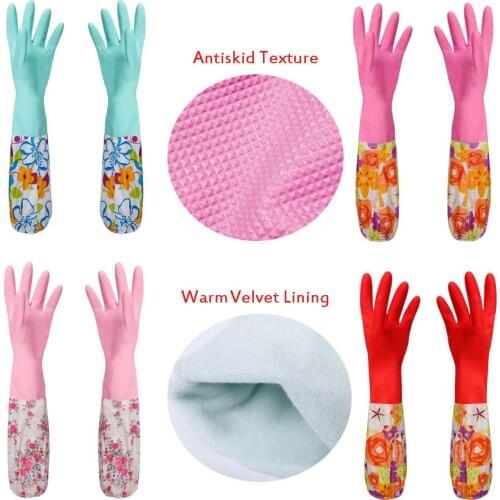Largest supplier Flower Rubber Velvet Long Gloves Antiskid Household Dish Washing Cleaning Gloves