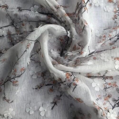 Soft Pink 3D Plum Embroidery Chiffon Tulle Fabric for Dress Shirt, White, Blue, Yellow by the Yard