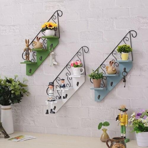 Nordic Style Wall Decoration Wooden Shelf Iron Hook Staircase Storage Rack for Display Flower Pot Bookshelf