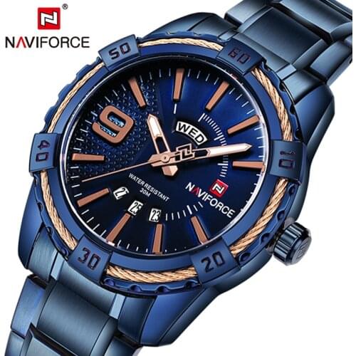NAVIFORCE Mens WristWatch Blue Full Steel Date Waterproof Top Luxury Quartz Men Watches Fashion Creative Clock Relogio Masculino