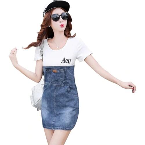 2021 New Summer Dress plus size Female Slim Stitching Sexy mini Denim Dress Short-sleeve Preppy Style Women Dress WF055