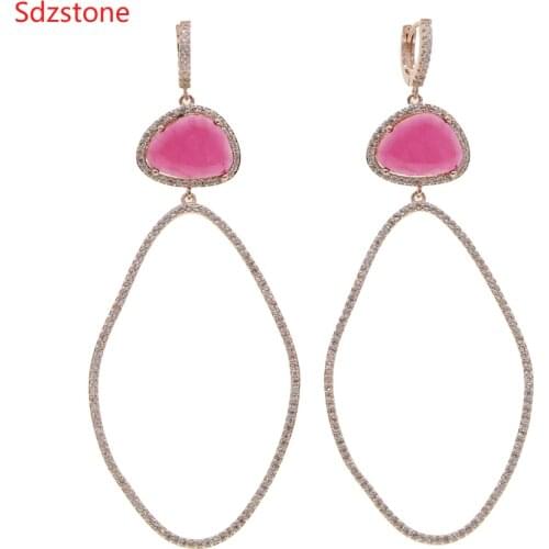 Sdzstone 70*34mm Big Size Women Oval Earring Wiht Pink Green Big Zircon Fashion Big Dangle Ear Jewelry