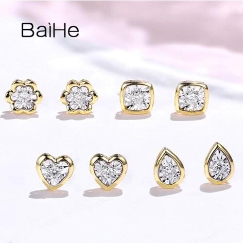 BAIHE Solid 14K White+Yellow Gold 0.03ct*2 H/SI Natural Diamond серьги Flower/Square/Heart/Water drop Fine Jewelry Stud Earrings
