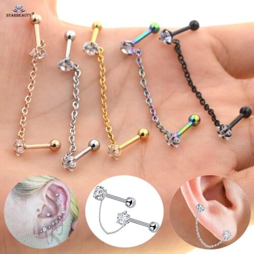16G 1.2*6mm Gold Color Dual Round Star Tassel Earrings Helix Piercing Tragus Piercing Oreja Nose Ring Ear Piercing Body Jewelry