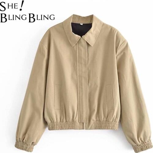 SheBlingBling 2021 Za Woman Spring Autumn Chic Coat clothing Lapel minimalist tooling style short flight jacket Causal Top Khaki