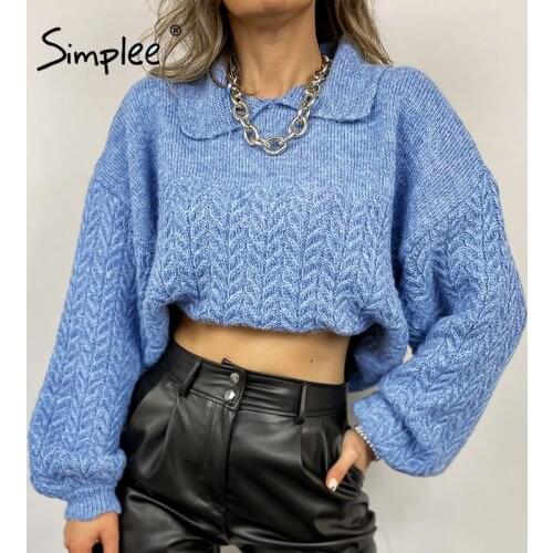 Simplee Casual lantern long sleeve women sweater solid High street lapel crop top pullover winter Oversized female soft jumper