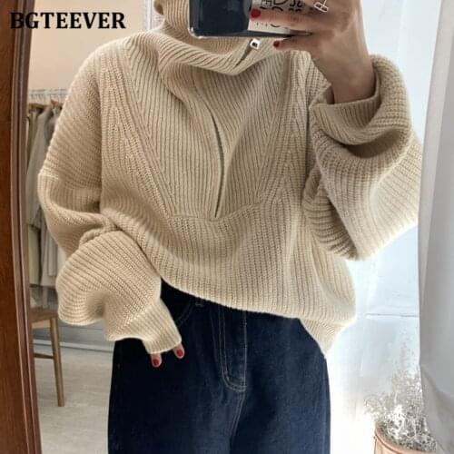 BGTEEVER Stylish Turtleneck Zipper Up Loose Women Warm Sweaters Long Sleeve Thicken Female Knitted Pullovers 2021 Autumn Winter