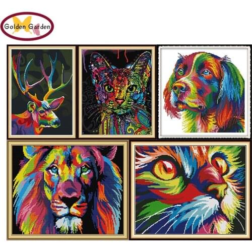 GG Rainbow Animal Cross Stitch Embroidery Needlework Sets 11ct14ct Chinese Cotton Canvas Counted Cross Stitch for Home Decor