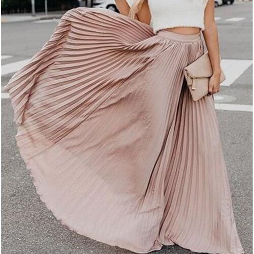 Hirigin Spring 2020 Women Long Metallic Silver Maxi Pleated Skirt Midi Skirt High Waist Elascity Casual Party Skirt Vintage