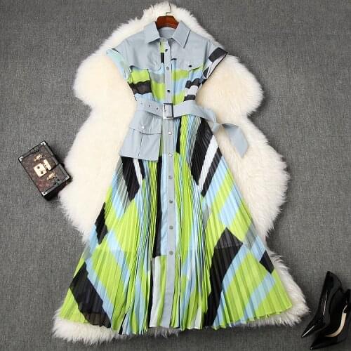 Womens American European and clothing 2021 summer new style Sleeveless collar Mosaic stripes Fashionable pleated dress