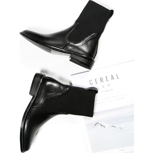 GUIDIBASIC Genuine Cow Leather Womens Boots Flat bottom Womens elastic boots Flat Ankle Boots Pointed boots Plush boots