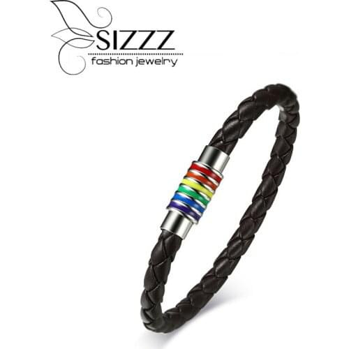 SIZZZ European and American style homosexual rainbow bracelet Stainless Steel PU leather&bangles for women/men