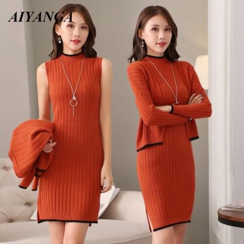 2019 New Fashion Autumn Knitted Suits Sexy Sheath O Neck Mini Sweater Dress Long Sleeve Casual Coat Two Piece Set Women Costume