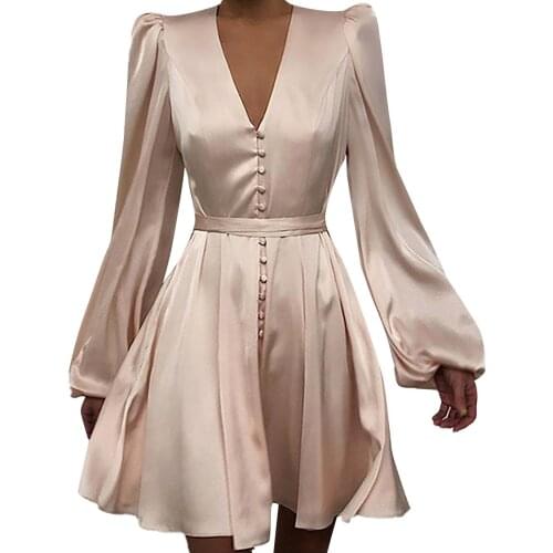 Ladies Satin Dress V-neck Temperament Slim Button Lace-up Lantern Sleeve Dresses For Women 2021 Вечерние Платья