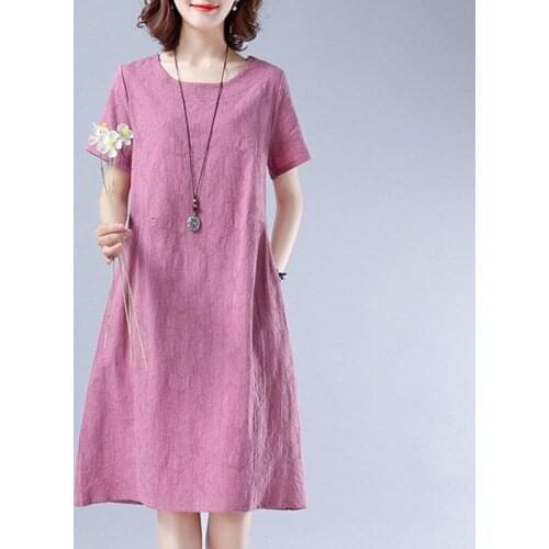 Women 2021 Summer New Solid Color Loose Dress Female Cotton Linen Thin Dresses Ladies Short-sleeved Casual A-line Vestidos T117
