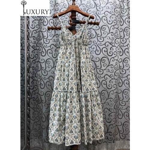 Summer 100%Cotton Sexy 2020 Beach Women V-Neck Elegant Flower Print Sleeveless A-Line Casual Sun Dress Beautiful Ladies