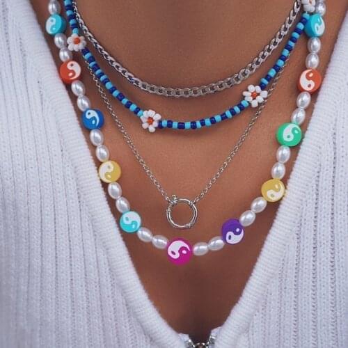 New INS Pearl Flower Smiley Yin Yang Necklace for Women Y2K Jewelry Vintage Fashion Bead Necklace 90s Egirl Aesthetic Friends