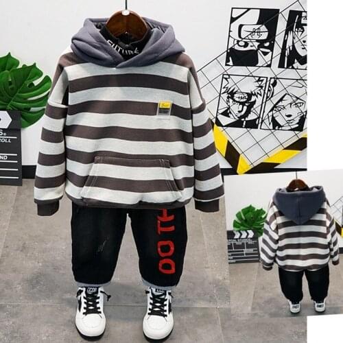 Winter Suits For Boys 2020 New Arrival Fashion Korean Baby Suits Boys Casual Striped Hooded Sweatshirt Thicken Jeans 2pcs Set