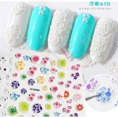 5D Engraving Flower Engraving Flower Acrylic Glitter Nail Embossed Flower Back Glue Sticker DIY Nail Manicure Decals Sticker