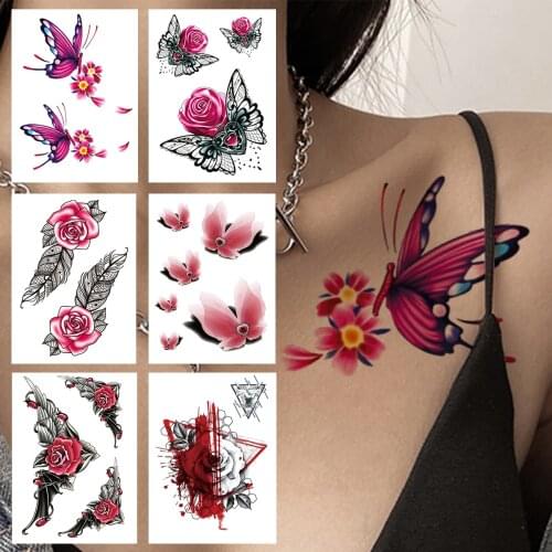 Watercolor Butterfly Flower Temporary Tattoos For Women Girls Lace Feather Geometry Tattoo Sticker Fake Rose Sexy Tatoos Decor