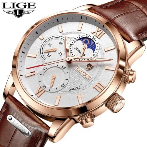 Watches Men 2021 LIGE Top Brand Luxury Clock Casual Leathe Watch For Men Sports Waterproof Quartz 24Hour Moon Phase Reloj Hombre