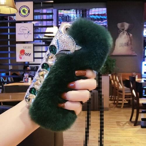 Luxury Czech Big Rhinestone Rabbit Hair Womens Phone Case for Iphone 12 Pro Max Case for Iphone11 X XS XR Anti-Drop Back Cover