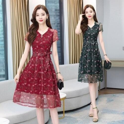 Elegant Women Chiffon Dress 2021 Summer Women Short Sleeve V-neck Dresses Ladies Slim Dress Female Party Dress Plus Size 4XL