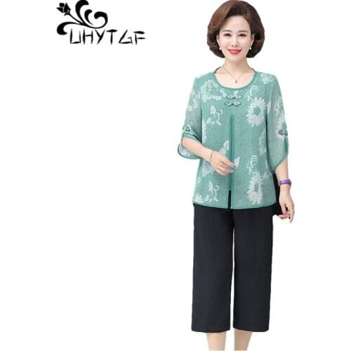 UHYTGF Elegant Mother Summer Two Piece Set Fashion Printed Chiffon Thin Shirt Female Loose Plus Size Suit Tracksuit Womens 2007