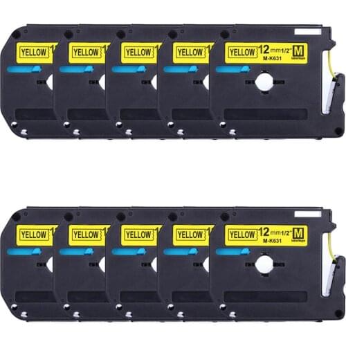 Label World 10 PACK MK-631 Compatible Brother Black on yellow 12mm*8m laminated strong adhesive label tapes for PT-80 PT-70