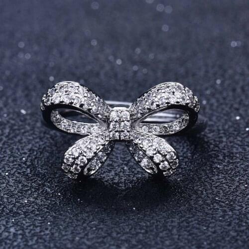 2021 Silver Design Micro-inlaid Zircon Super Fairy Three-dimensional Bow Full Diamond Zircon Adjustment Ring Women Jewelry Gift
