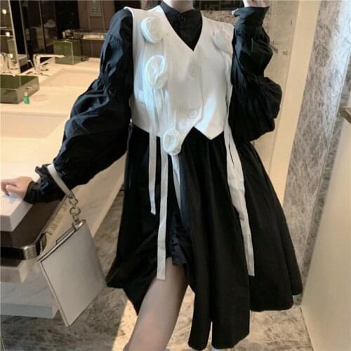 Korean Fashion Vestidos Women 2PC Dress Suit Sweet Two Piece Dress Sets Long Shirt Dress+Flower Ribbon Vest Skirt Suits Outfits