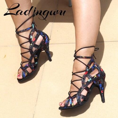 Ladingwu Latin Dance Boots For Ladies Girls Dance Shoes Salsa Women Fashion Graffiti Satin Professional Ballroom Dance Shoes