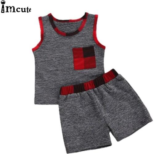 Imcute Baby Boy Vest Two Piece Suit Fresh Stripe Plaid Pattern Sleeveless Top Elastic Waist Shorts Baby Girls Clothes Kids Set