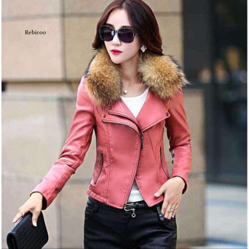 Autumn New Women Genuine Racoon Dog Fur Collar Leather Jacket Slim Stand Collar Plus Cotton Motorcycle Leather Jacket M-5XL