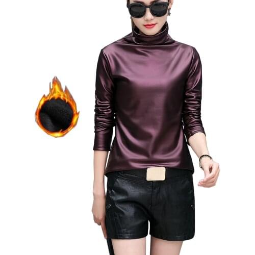 Plus size 4XL punk turtleneck t-shirt comfortable PU leather t shirt women long sleeve velvet warm winter basic blusas shirts