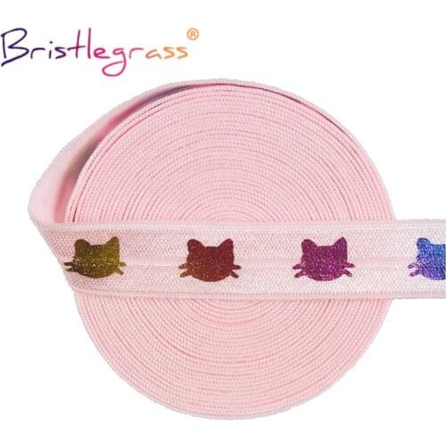 BRISTLEGRASS 2 5 10 Yard 5/8" 15mm Rainbow Cat Gold Foil Print Fold Over Elastic FOE Spandex Satin Band Hair Tie DIY Sewing Trim