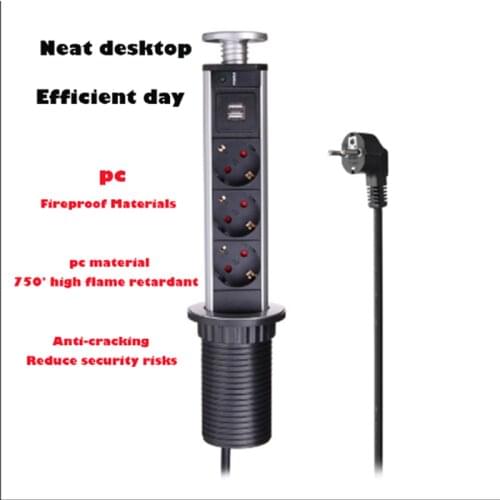 New Hidden 3 jack UK US AU EU desktop USB power outlet Germany American Office Kitchen Vertical Lifting pdu extension socket 2m