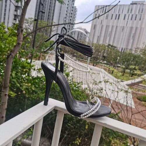 Casual Designer sexy lady fashion womens sandals black real leather peep toe pearls stiletto stripper High heels sandalia