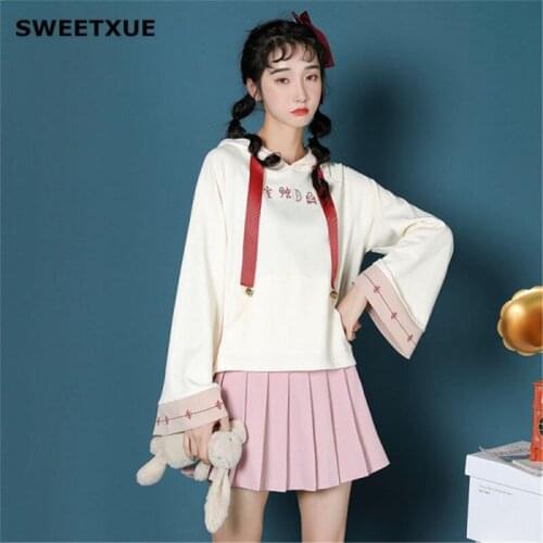 SWEETXUE Autumn Korean Loose Women Chic Retro Chinese Style Hooded Trumpet sleeve Embroidered Sweatshirt Top
